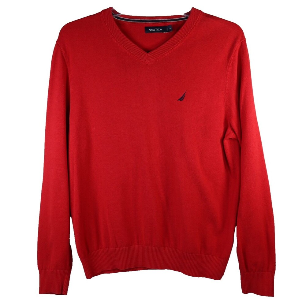 Nautica Cotton V-Neck Sweater Men's Size Medium Light Weight Jersey Knit Red